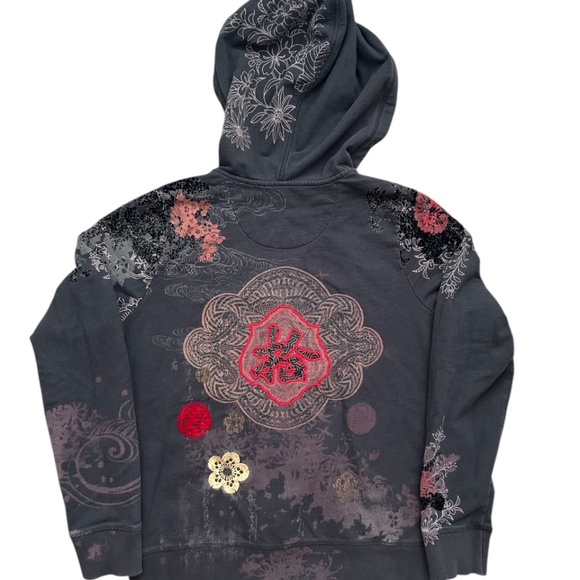 Vintage Lucky Brand Womens Y2K Asian Embroidered Hoodie Size M Skater Grunge - Picture 5 of 11